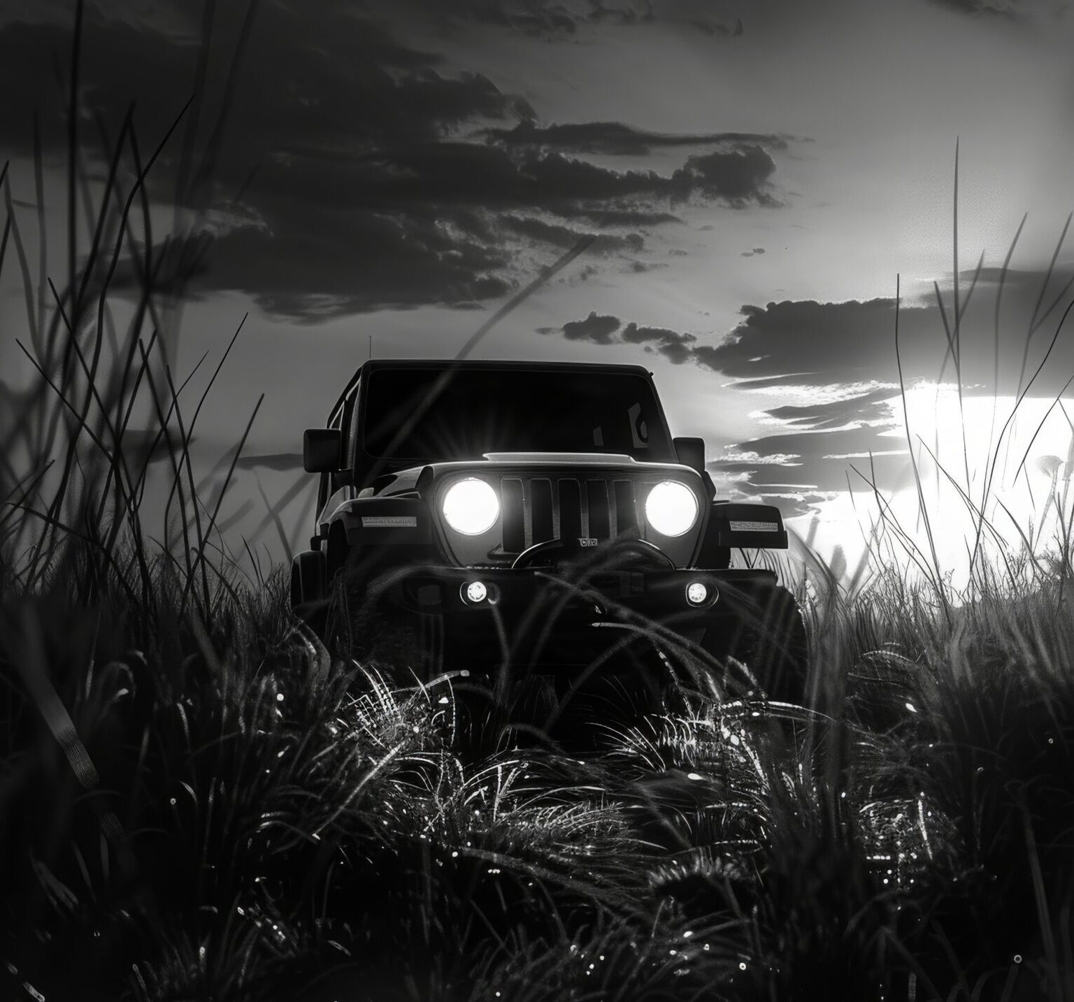black white view off road vehicle driven rough terrain